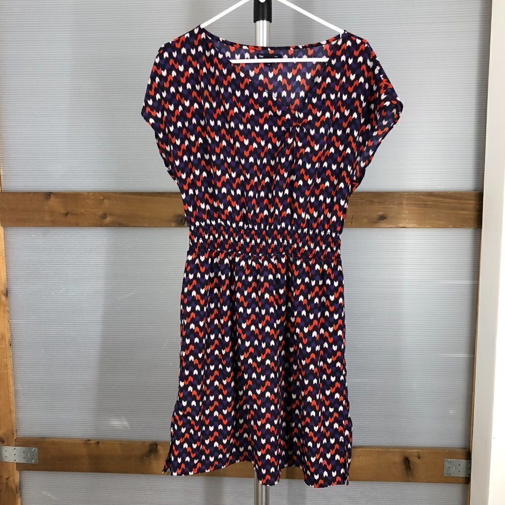 GAP Factory Purple Red Cream Chevron Ruched Asymmetrical Neckline S/S Dress Sz L